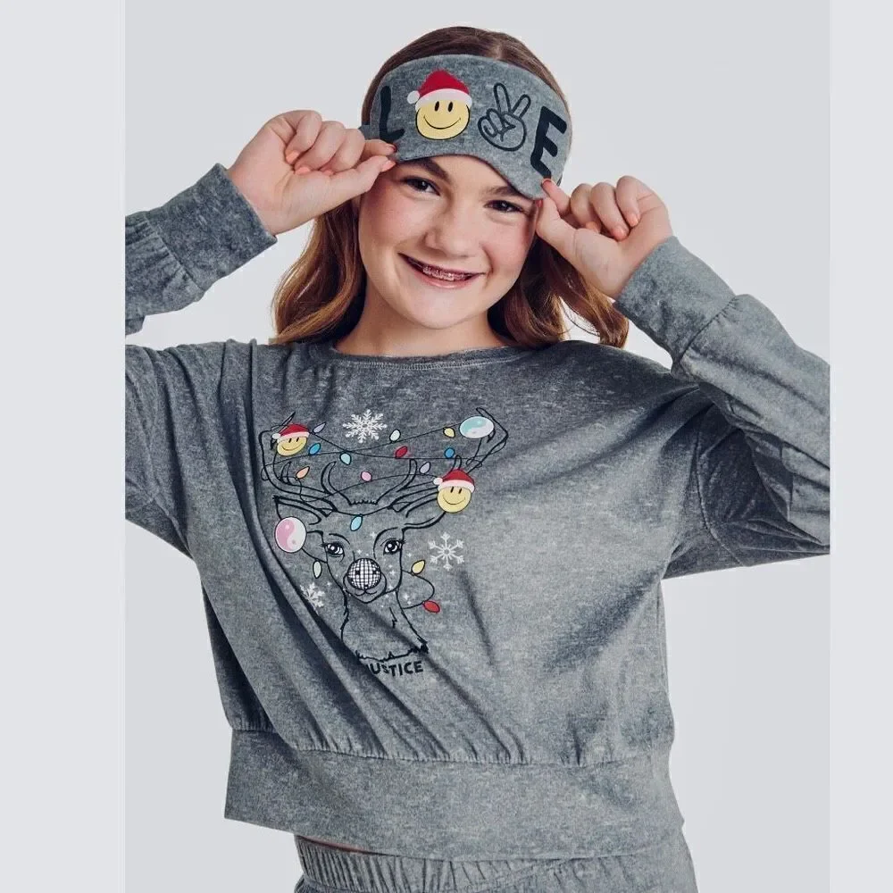 NWT Justice 3 Pcs Grey S(7-8) Long Sleeve Top, Jogger & Eyemask, Pajama Set